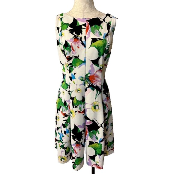 American Living Ralph Lauren Dress 16 Blue Ivory Floral A Line Stretch Washable - Picture 2 of 11
